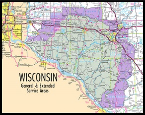 Mapa del área de servicio general y extendido de Wisconsin